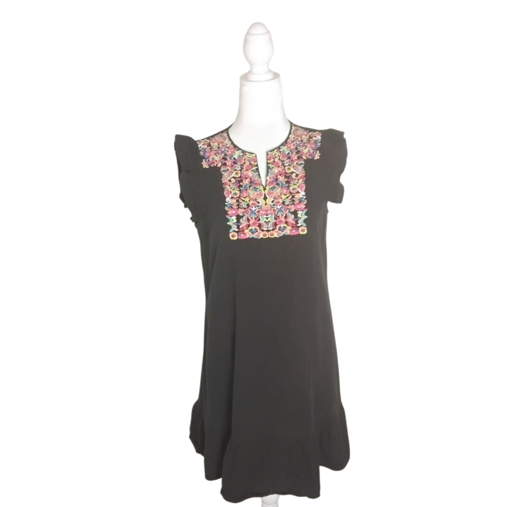 Kirundo Women's M V-Neck Ruffle Floral Short Sleeve Embroidered Mini Dress